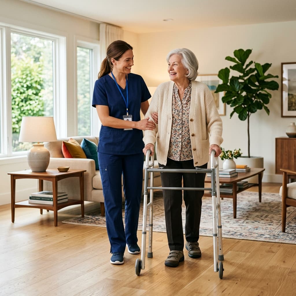 Professional caregiver helping an elderly woman walk