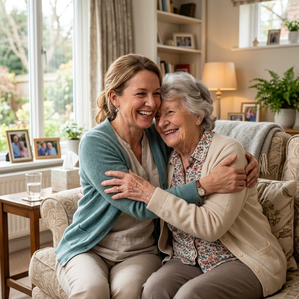 Family hugging and smiling with senior